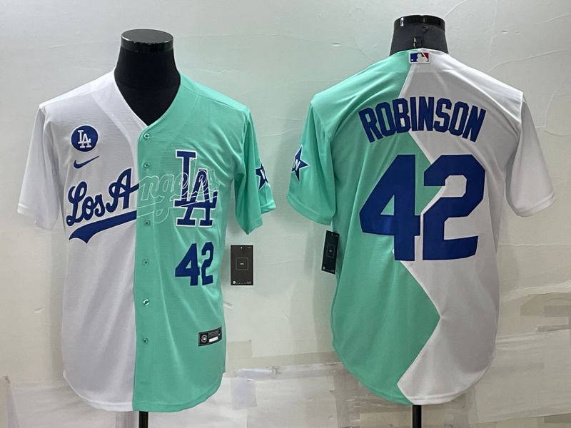 Men's Los Angeles Dodgers #42 Jackie Robinson 2022 All-Star White/Green Cool Base Stitched Baseball Jersey Men's Los Angeles Dodgers #42 Jackie Robinson 2022 All-Star White/Green Cool Base Stitched Baseball Jersey